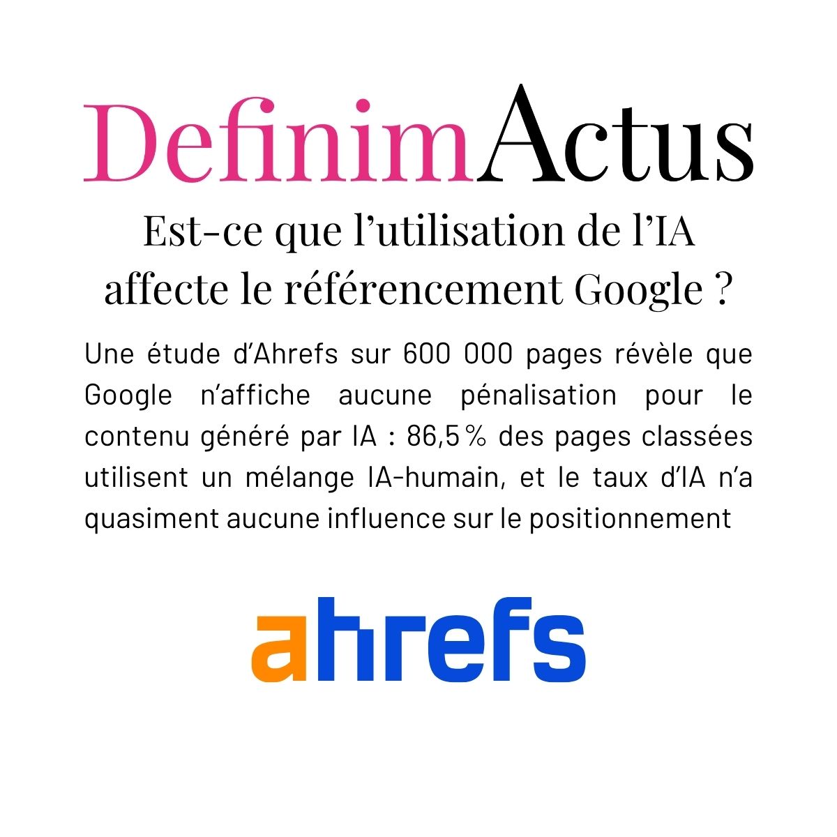 contenu généré IA Google référencement étude Ahrefs 600 000 pages corrélation nulle pénalisation