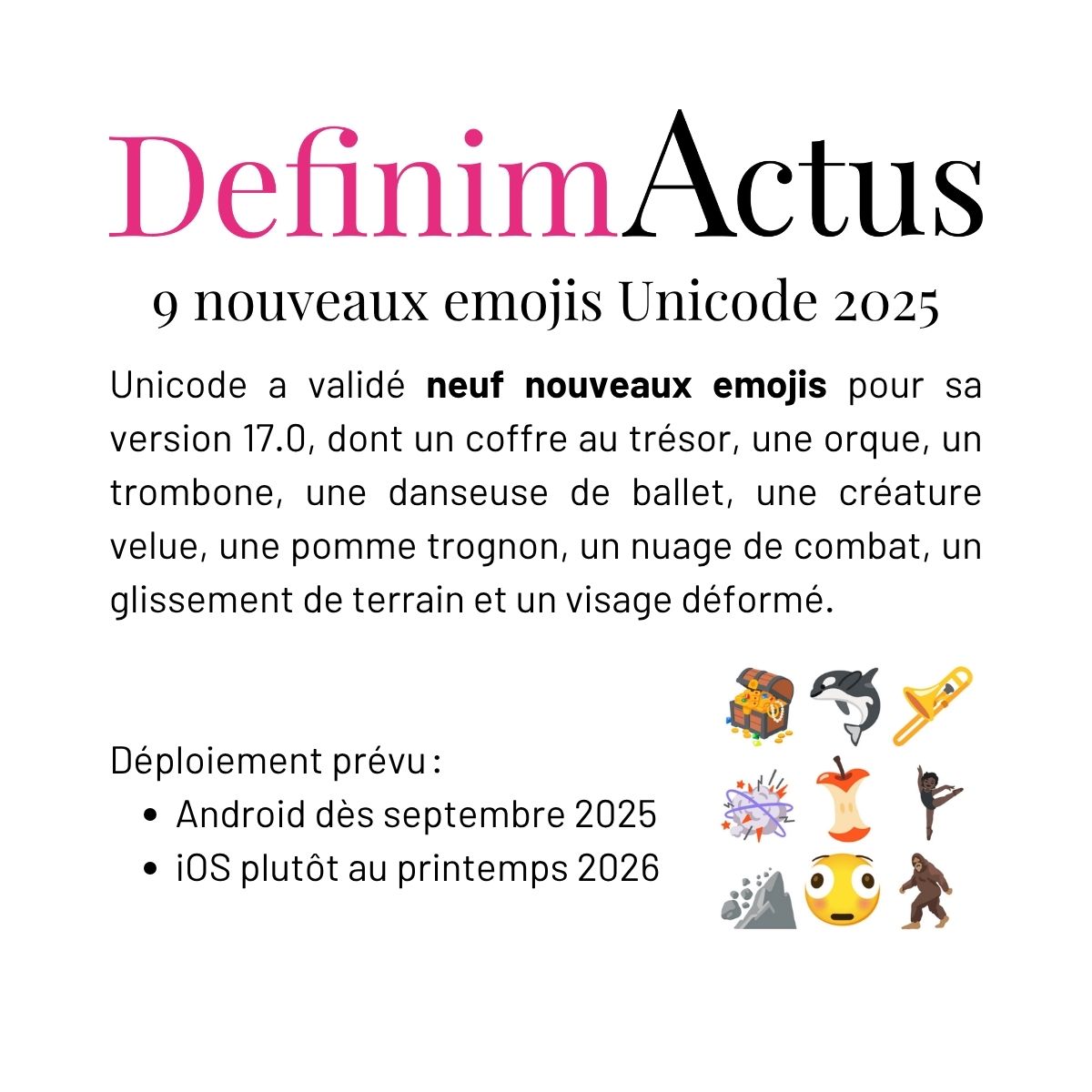 emojis Unicode 17 0 coffre trésor orque trombone nuage combat trognon mal trottant visage déformé créature velue