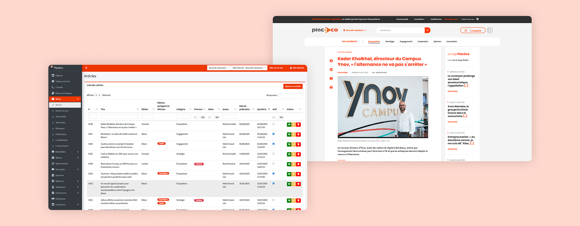 Développement sur mesure Placéco CMS personnalisé gestion contenus adhésions pub événements newsletters intégrées